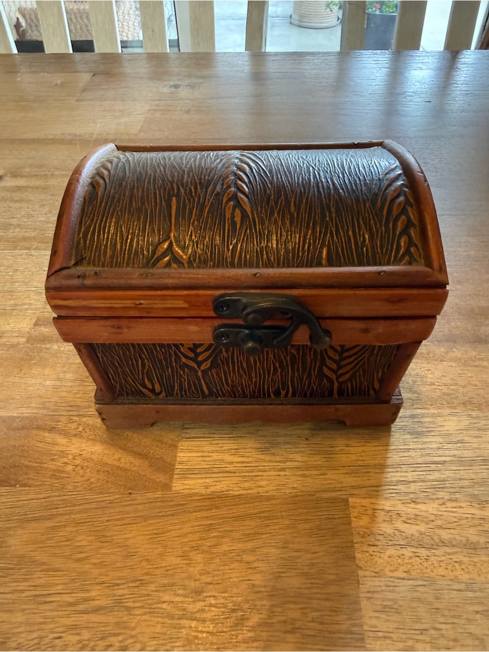 Carved Dome Top Wooden Treasure Chest Jewelry Box - Rustic Brown
